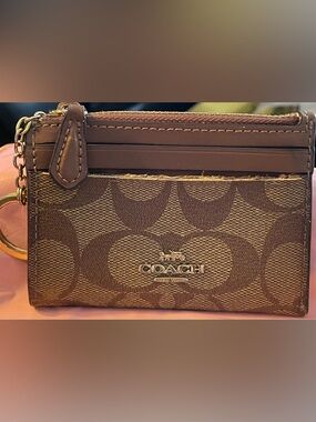 Coach Brown Leather Zip Card Holder with Gold Hardware